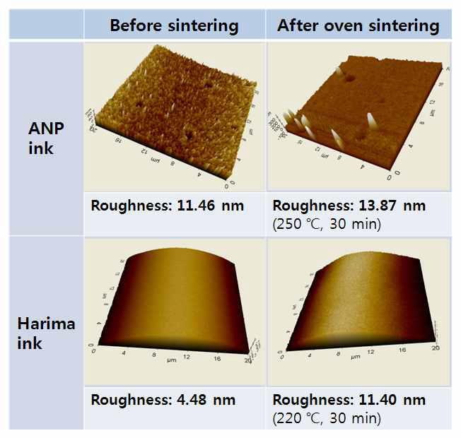 Harima ink와 ANP ink의 Oven 소결 전, 후의 AFM 이미지