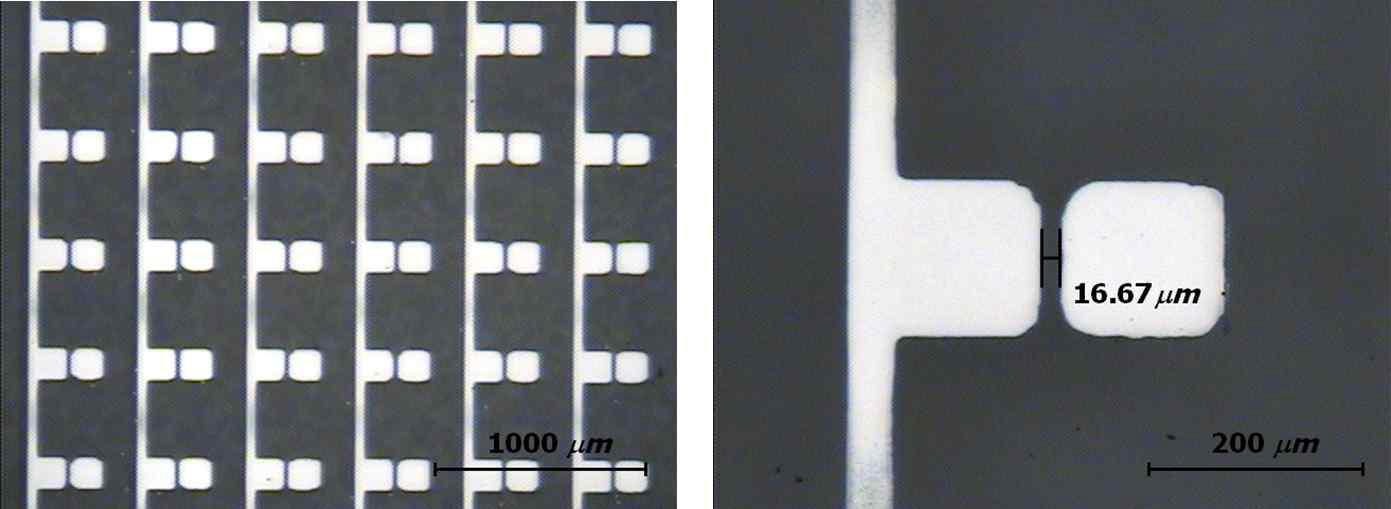 16 ㎛ 간극으로 유리 기판위에 제작된 Source-Drain 패턴의 현미경 사진