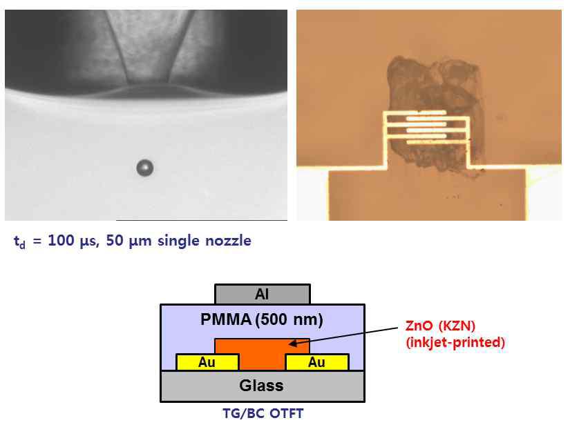 (좌측 위) Delay Time이 100 μs 일 때 CCD 카메라로 촬영한 KZN 잉크 방울과 (우측 위) Au 소스/드레인 전극 위에 잉크젯 프린팅 된 KZN 산화물 반도체 표면의 광학현미경 사진. (아래) KZN 반도체 잉크를 잉크젯 프린팅을 통해서 제작된 TG/BC 구조의 TFT 모식도