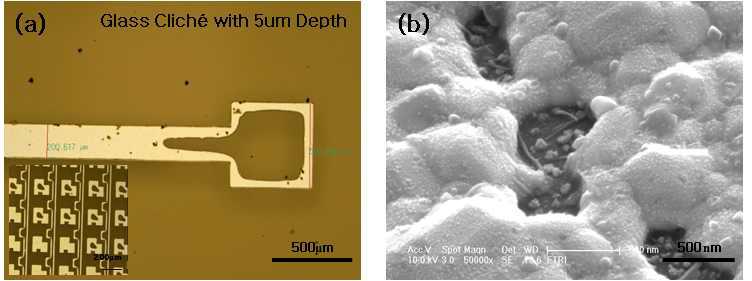 (a) Reverse offset printing 된 Ag 전극에서 패턴이 넓은 pad부 인쇄 불량과 (b) 최종 450 ℃ 20분 열처리 후의 Ag 박막 dewetting 현상