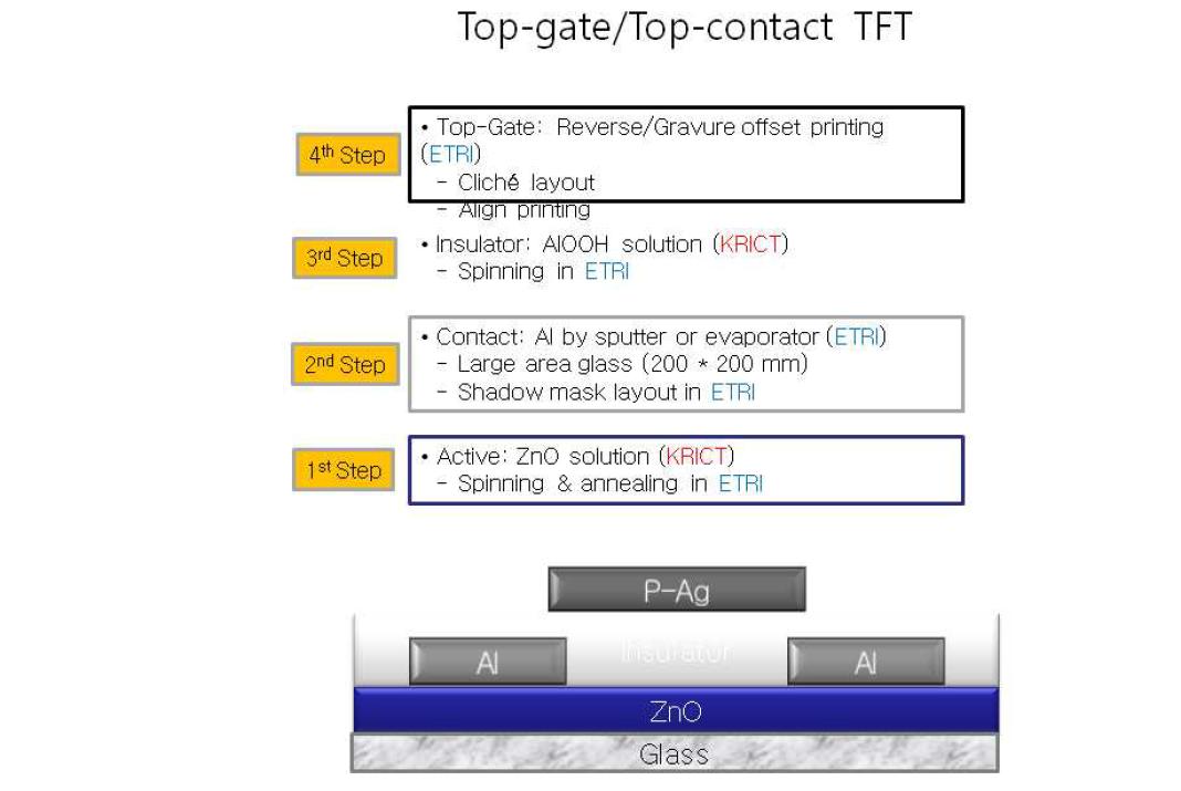 3차년도 기관 간 협동연구를 위한 프린팅 TFT 구조 및 공정 모식도