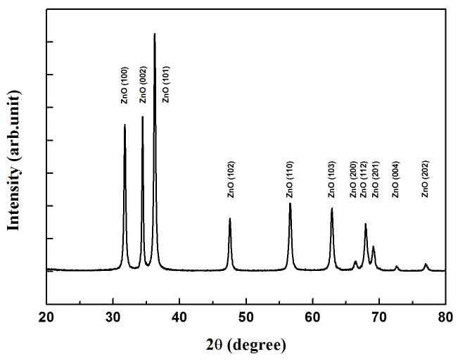 제작된 ZnO 나노입자의 XRD 분석
