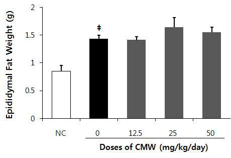 Effects ofCMWE on weightofepididymalfatin high fat-induced fatty liver animals.‡indicatesthatthedataissignificantly(p<0.001)higherthan thatofthenormal group(NC).EachbarillustratesMean±S.E..