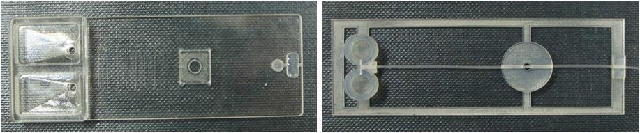 양산형 미세유동칩(좌: PMMA 소재 미세유동칩, 우: 3D프린터와 마이크로 튜브 이용)