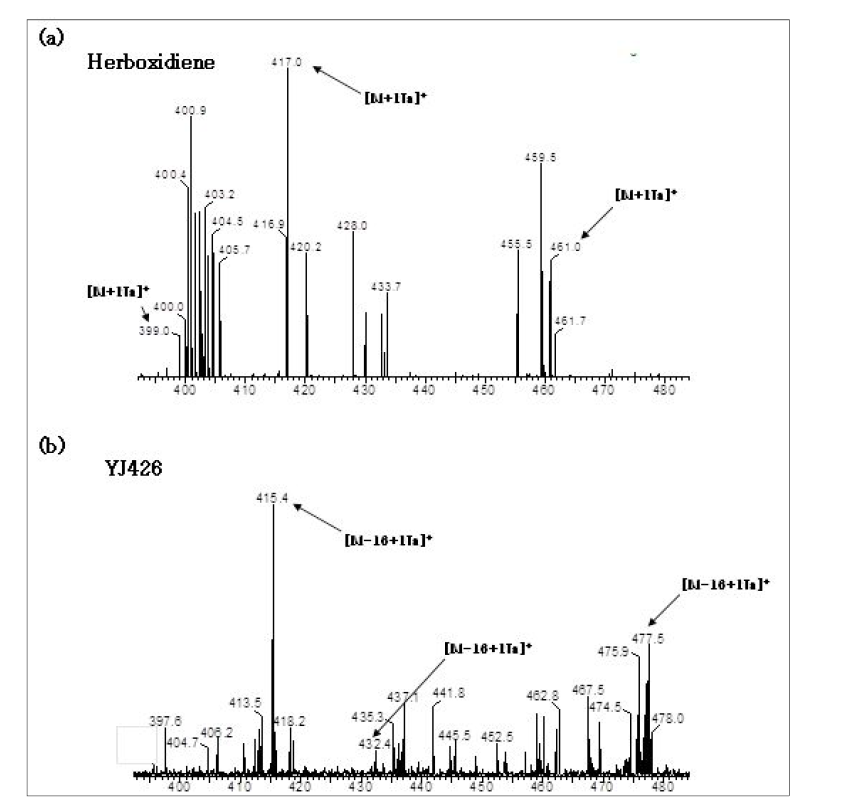 herboxidiene과 epoF가 형질전환된 이종숙주 균주의 배양 추출물의 HPLC-ESI-MS/MS 분석 스펙트럼