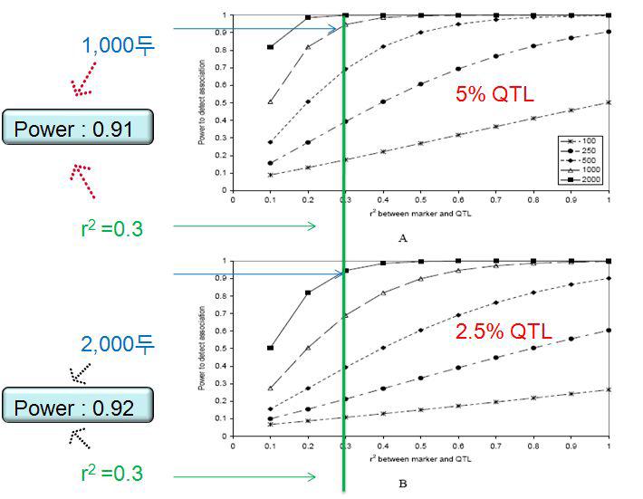 표현형 분산의 5%(위)또는 2.5%(아래)를 설명하는 QTL을 발견하기 위한 검정력(Luo,1998)