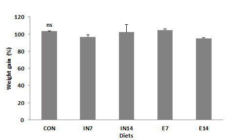 Weight gain (%) of juvenile rockfish fed the experimental diets for 9 weeks