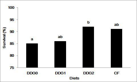 Survival (%) of juvenile abalone fed the experimental diets for 14 weeks