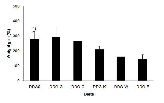 Weight gain (%) of juvenile sea cucumber fed the experimental diets for 22 weeks