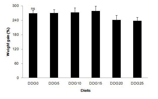 Weight gain (%) of juvenile red seabream fed the experimental diets for 10 weeks