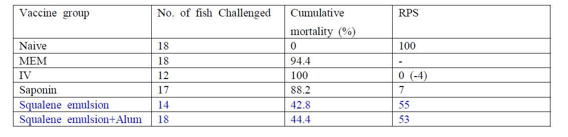 Screening한 면역보조제를 첨가한 백신을 접종하고 6주후 공격감염한 넙치의 누적폐사율과 상대생존율