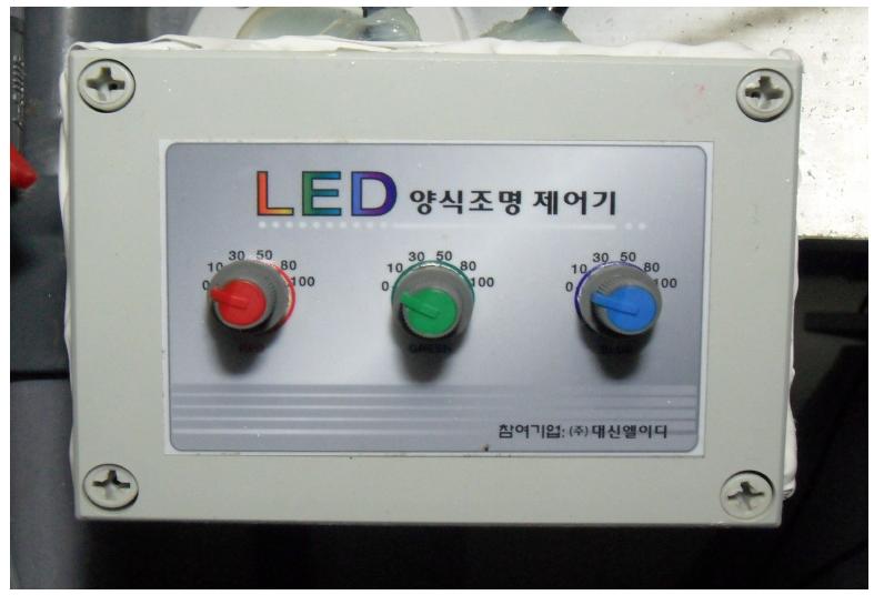 Different colors of LED light for indoor aquaculture tank.