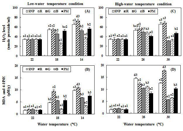 Plasma H2O2 concentrations (A,C)and LPO levels (B,D)during thermal chang [low-water temperature (A,B);high-water temperature (C,D)]ofgoldfish under lighting conditions using red (R),green (G),blue (B),and purple mix (PM) light-emitting diodes and a simulated naturalphotoperiod,as measured by microplate reader