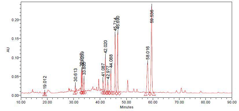 HPLC chromatogram of ginsenosides detected from the Ginseng Radix palva extract processed with ultrasonication for 25 minutes (MGRP-25)