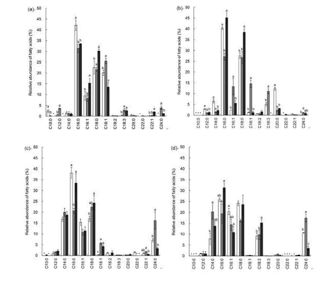 Changes in membrane fatty acid composition of L.monocytogenes(a) ,S.ureus(b) ,S. typhimurium (c), and S. boydi (d) grown in TSB containing no antimicrobial(□), nisin alone (■), and nisin combined with AITC (■) for 10 h at 37oC.Means with different letters (a-c) within the treatments at each fatty acid are significantly different at p<0.05. (*) indicatesnofattyacidwasdetected.