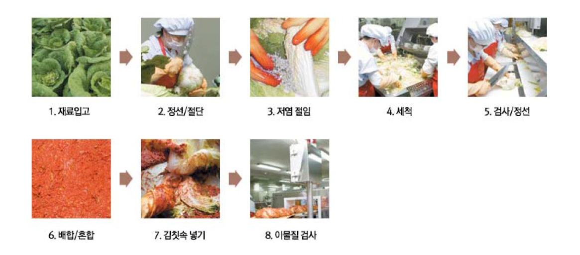 Manufacturing process of Kimchi with Chinese cabbage stored with PA, PE, and PP films.