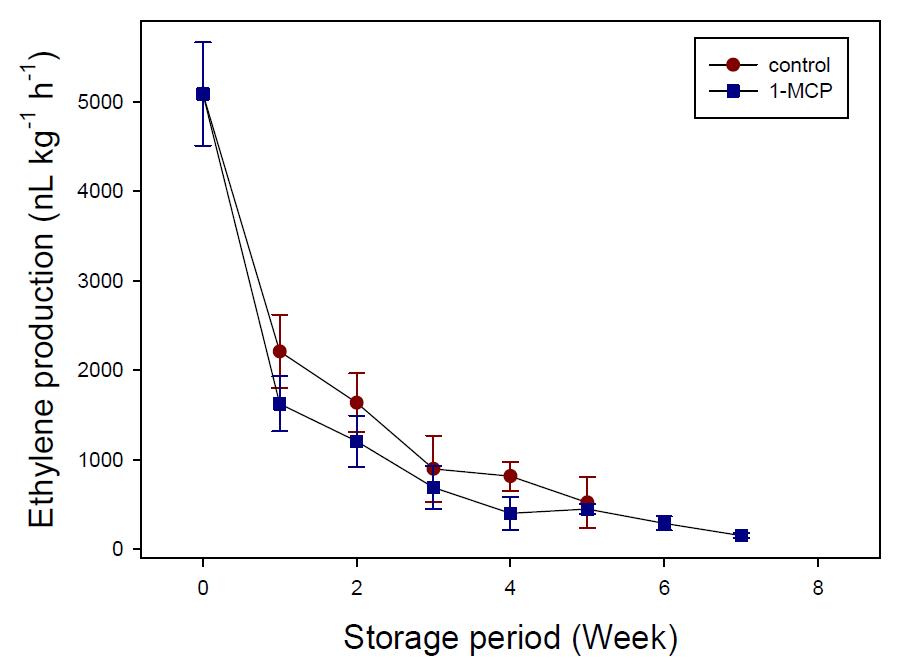 Change of ethylene production of Chinese cabbage cultivated in summer season.