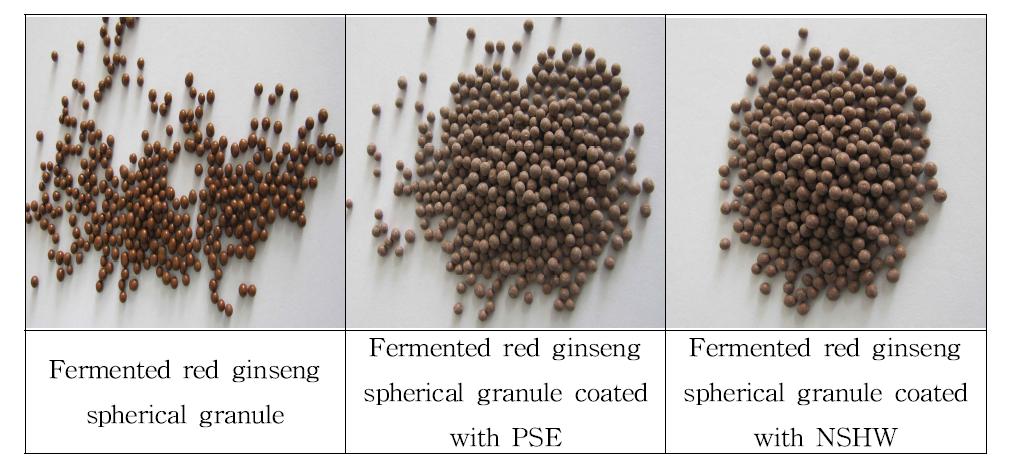 Picture for fermented red ginseng spherical granule and the fermented red ginseng spherical granules coated with PSE and NSHW