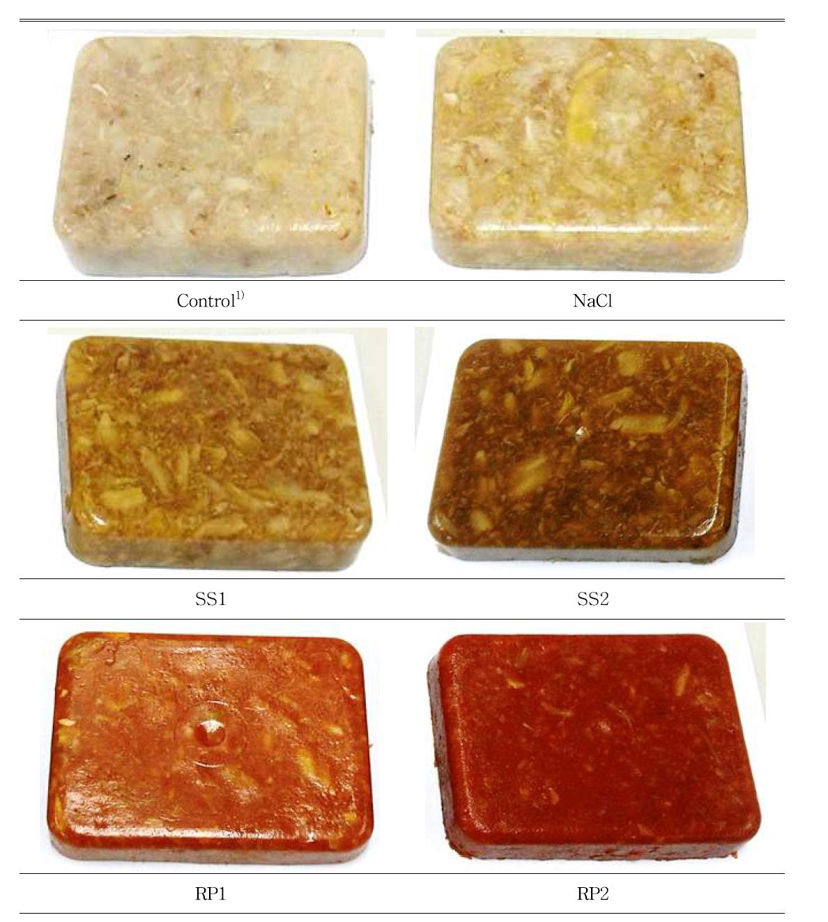 Apparence of duck feet jelly food prepared with Korean traditional sauces The salt concentration of treatments were 0% (control), 1% (SS1 and RP1 treatments), and 2% (NaCl, SS2, and RP2 treatments), respectively.