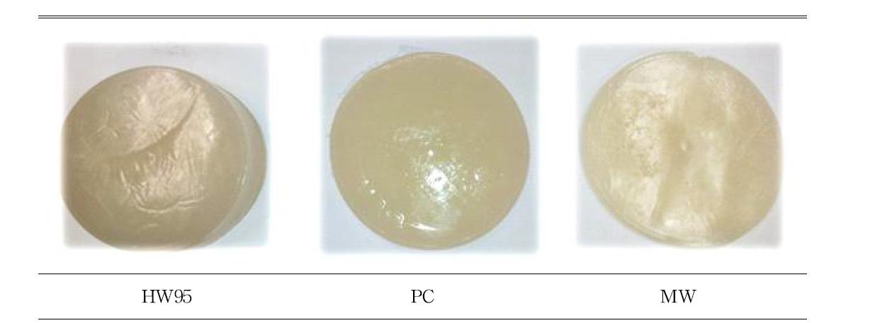 Cross section of duck feet gelatin extracted with various thermal methods.