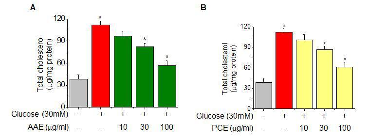 EffectofAAE (A)and PCE (B)hepatictotalcholesterolcontentsin HepG2 cells.