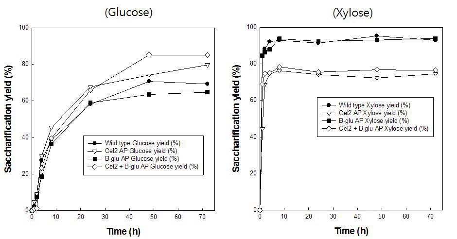 볏짚 샘플별 (4종)Glucose,Xylose당화 율 비교 그래프