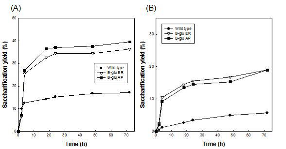 β-glu유전자 도입 식물체의 당화 후 glucose함량 (A)및 xylose함량 (B)