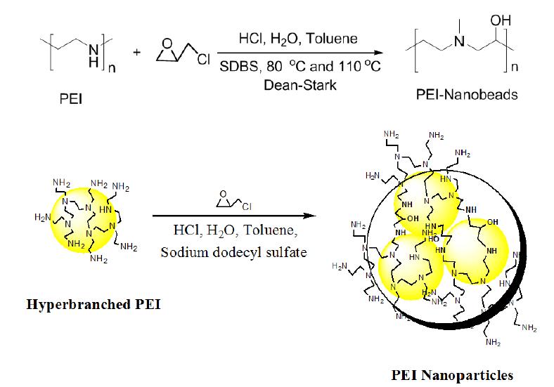 Synthesis of hyperbranched PEI microparticles. Adapted from Frechet, Diallo, Yu and Boz (US and PCT Patent Application).