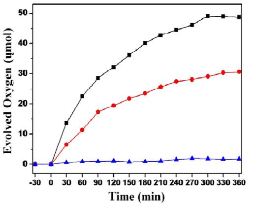 Oxygen evolution in aqueous suspensions, black with using ■ : (Ni/Ti) LDH, red with using ● : (Cu/Ti)LDH, blue with using ▲ : TiO2 nanoparticles