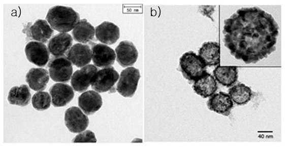 TEM images a) pt embedded CdS nanosphere and b) pt embedded CdS hollow shell nanostructure