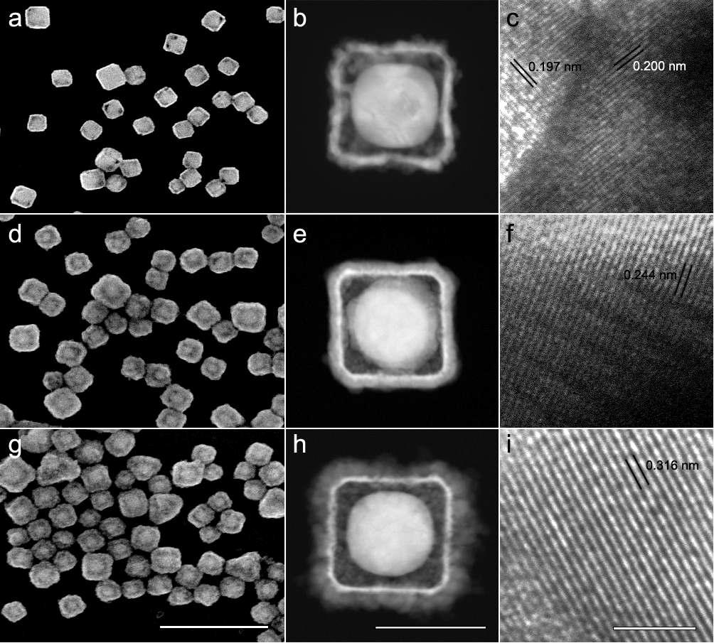 SEM (the first column, a,d,g), HAADF-STEM (second column, b, e, h), HR-TEM (third column, c,f,i) images of Au@Pt/Ag boxes (the first row), Au@Pt/Ag2S boxes (the second row) and Au@Pt/CdS boxes (the third row), the bars represent 500 nm for SEM, 100 nm HAASF-STEM, and 3 nm for HR-TEM images