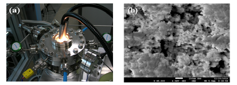 Photocatalytic reactor with light irradiation (a) and SEM image of Pt-CdSe and TiO2 hybrid photocatalysts (b)