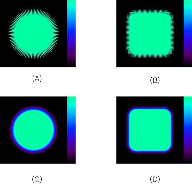 Serrated aperture와, 이를 통과한 광선이 apodizing을 거친 뒤의 이미지; (A) 원형 Serrated aperture, (B) 사각형 Serrated aperture, (C) 원형 Serrated aperture apodizer를 통과한 후 광선의 intensity, (D) 사각형 Serrated aperture apodizer를 통과한 후 광선의 intensity.