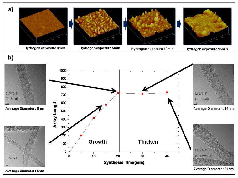 (a) AFM results of catalyst coarsening by catalyst reduction, (b) Height, diameter and wall number variations of CNTs depend on the synthesis time of CNT growth