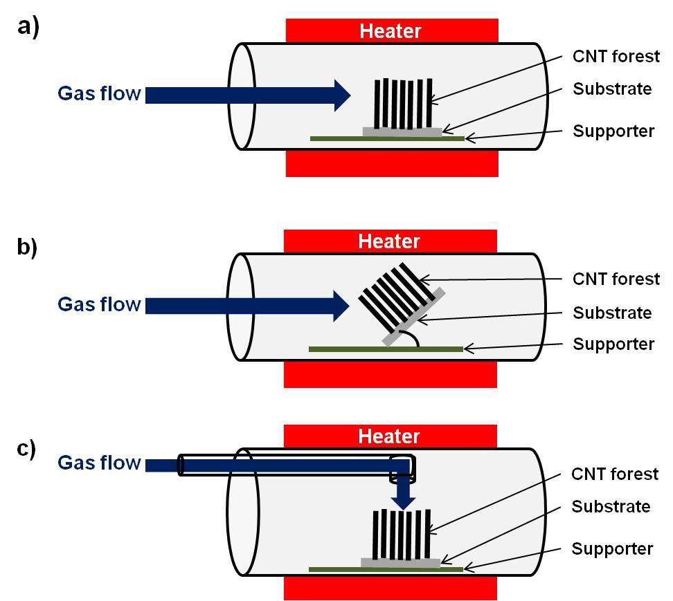 Schematics of gas flow direction to catalysts in CNT forests growth