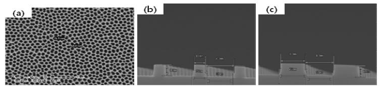 SEM image of various sized master molds (a) AAO template (d: 50nm, p: 100nm), (b)Si master mold (d: 200nm, p:600nm), (c) Si mater molds (d: 400nm p: 800nm)