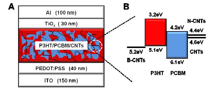 (A) CNT를 적용한 태양전지 구조의 모식도. (B) P3HT/PCBM/CNT구조를 가지는 active layer의 energy diagram.