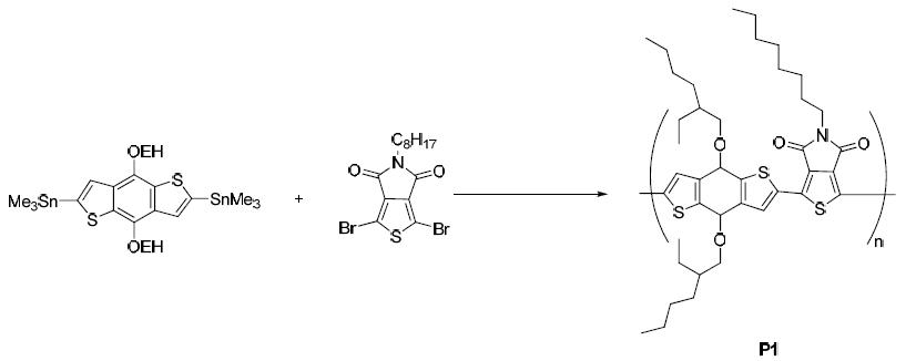 BDT와 TPD를 기반으로 하는 PBDTTPD의 합성 과정(stille coupling).