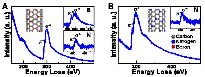 Electron energy loss spectroscopy (EELS) K-edge spectrum of (A) B-CNT and (B) N-CNT. Schematic illustration of B- and N-CNT (inset in A & B).