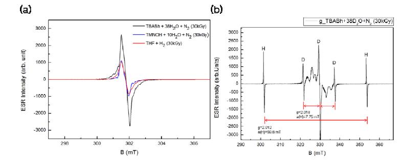 (a) ESR spectra of three types of binary clathrate hydrates (b) H and D radical generation of TBABh+N2+D2O system