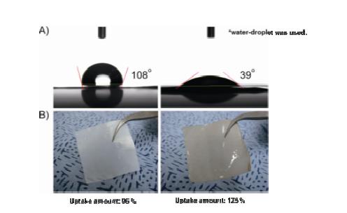 A) Contact angle, B) Wetting test. (Left: Bare PE separator, Right: Surface modified PE separator)