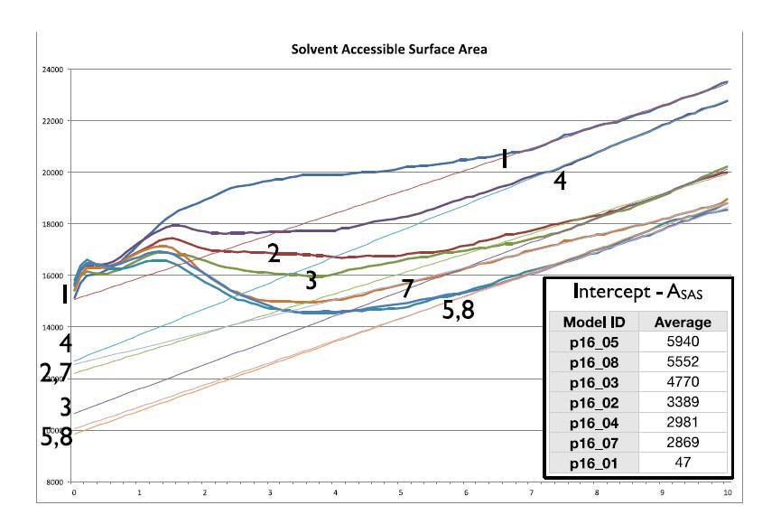 Solvent accessible surface areas of various cross-linked PEIs as a function of probe radius. (Straight lines represent the probe radius at 1.4 Å and 2.5 Å, respectively.)