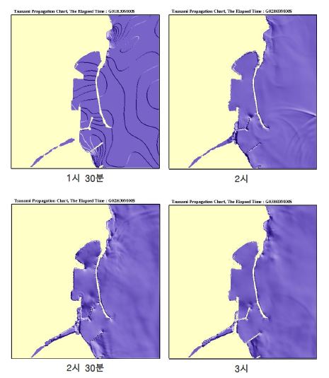 그림 5.4 주문진지구 시간별 범람범위 수치계산결과(case06, M8.0)