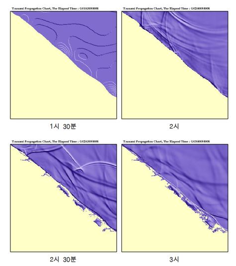 그림 5.7 망상지구 시간별 범람범위 수치계산결과(case04, M8.0)