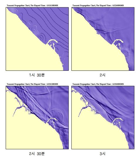 그림 5.10 노봉지구 시간별 범람범위 수치계산결과(case04, M8.0)