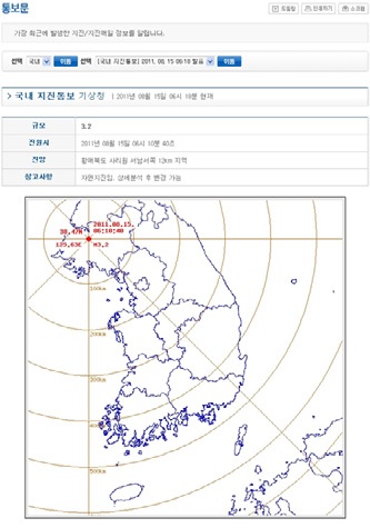 그림 2.6 국내 지진통보 화면