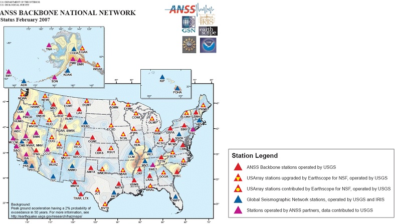 그림 2.14 미국국가지진시스템(ANSS)의 관측소 및 주요 네트워크 지도