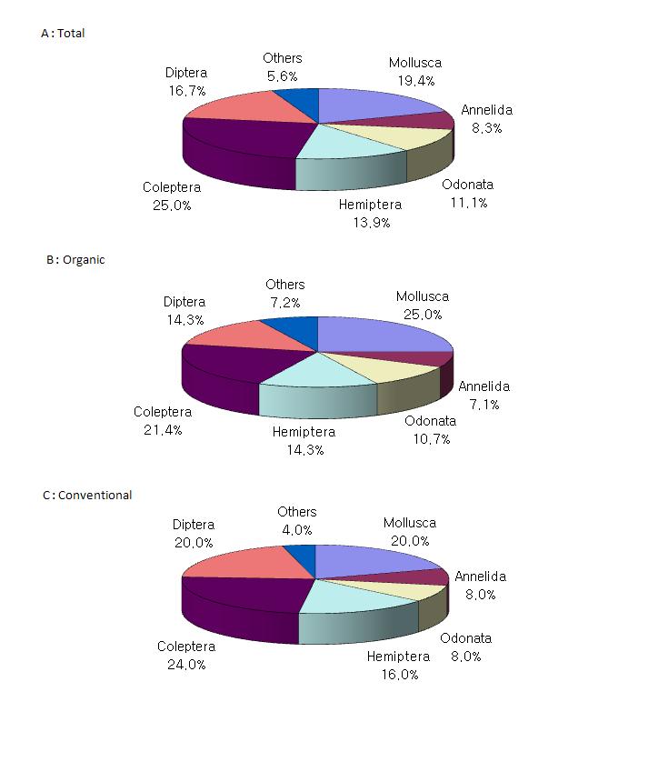 The composition of benthic macroinvertebrate in conventional and organic paddy field.