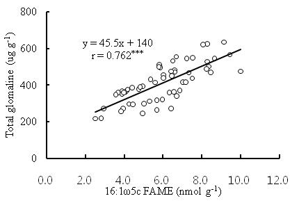 A correlation between EL-FAME 16:1w5c and total glomalin (n=60).