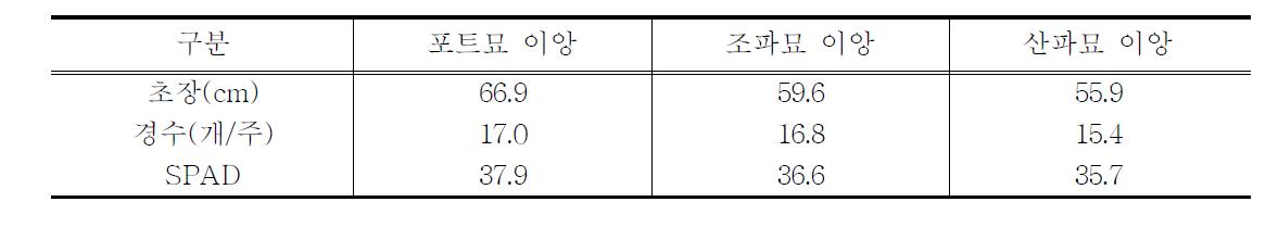 유기농업단지의 육묘형태별 벼 생육현황 (조사일 : 8/2)